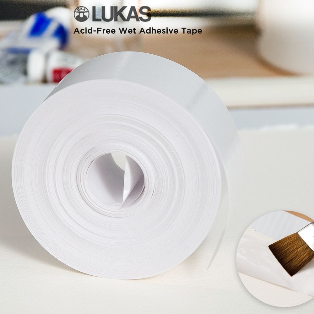 This acid-free white adhesive tape is activated by wetting the back.