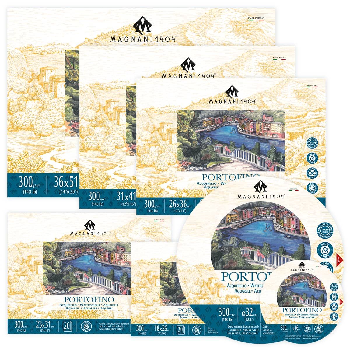 Magnani 1404 Portofino Hot Press 100% Cotton Watercolor Paper Block, 10 Sheets, 9x12, 300 Lb, Acid-Free, UV Resistant, Vegan Sized Water Color Paper For Artists, Made In Italy