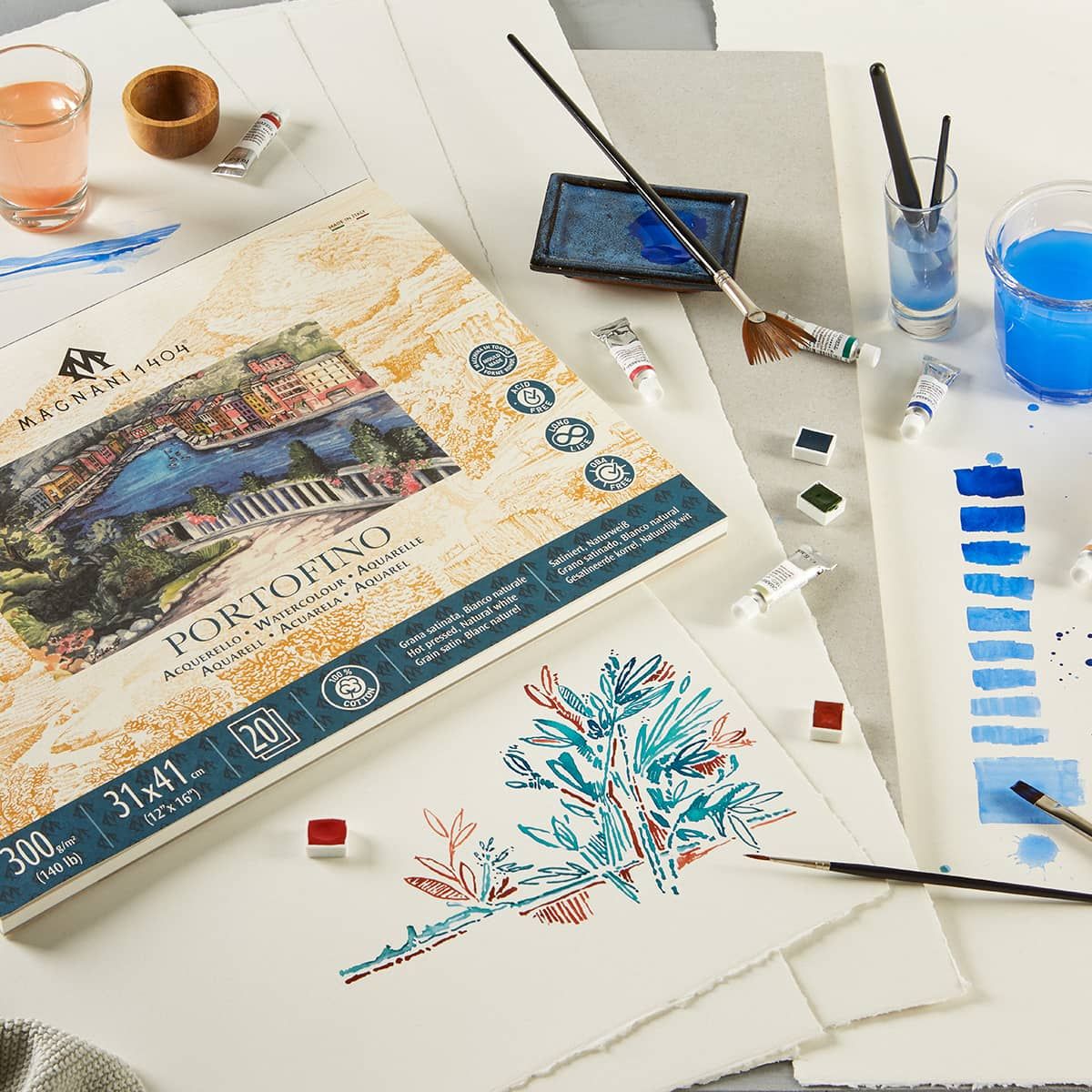 Magnani 1404 Portofino Hot Press 100% Cotton Watercolor Paper Block, 10 Sheets, 9x12, 300 Lb, Acid-Free, UV Resistant, Vegan Sized Water Color Paper For Artists, Made In Italy