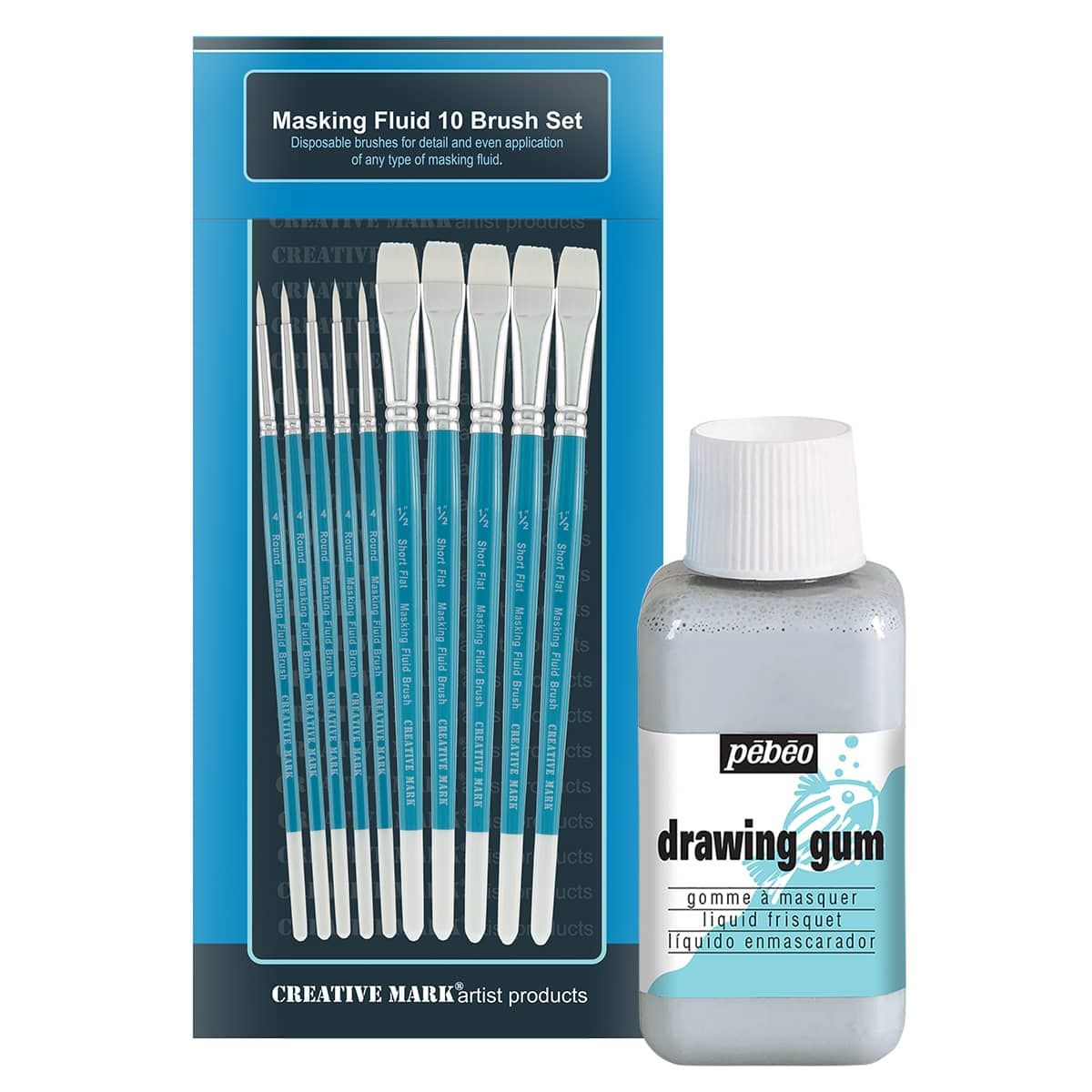 Creative Mark Masking Fluid Brush Set of 10 w/ Pebeo 250ml Drawing Gum