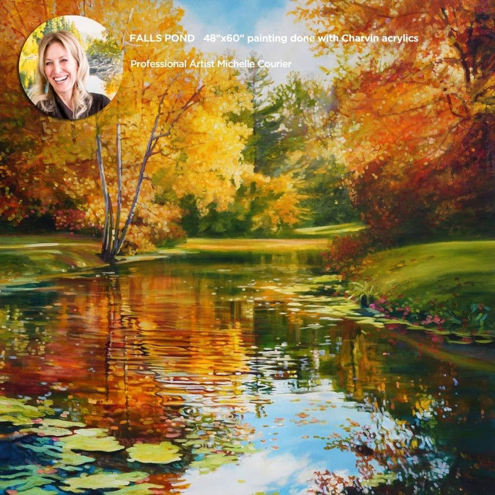 Professional Artist Michelle Courier FALLS POND  48"x60" painting done with Charvin acrylics 
