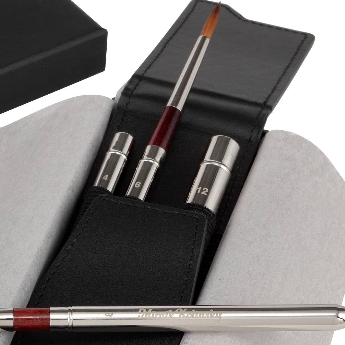 Weighted ferrule provides balance, Smooth leatherette case with magnetic closure