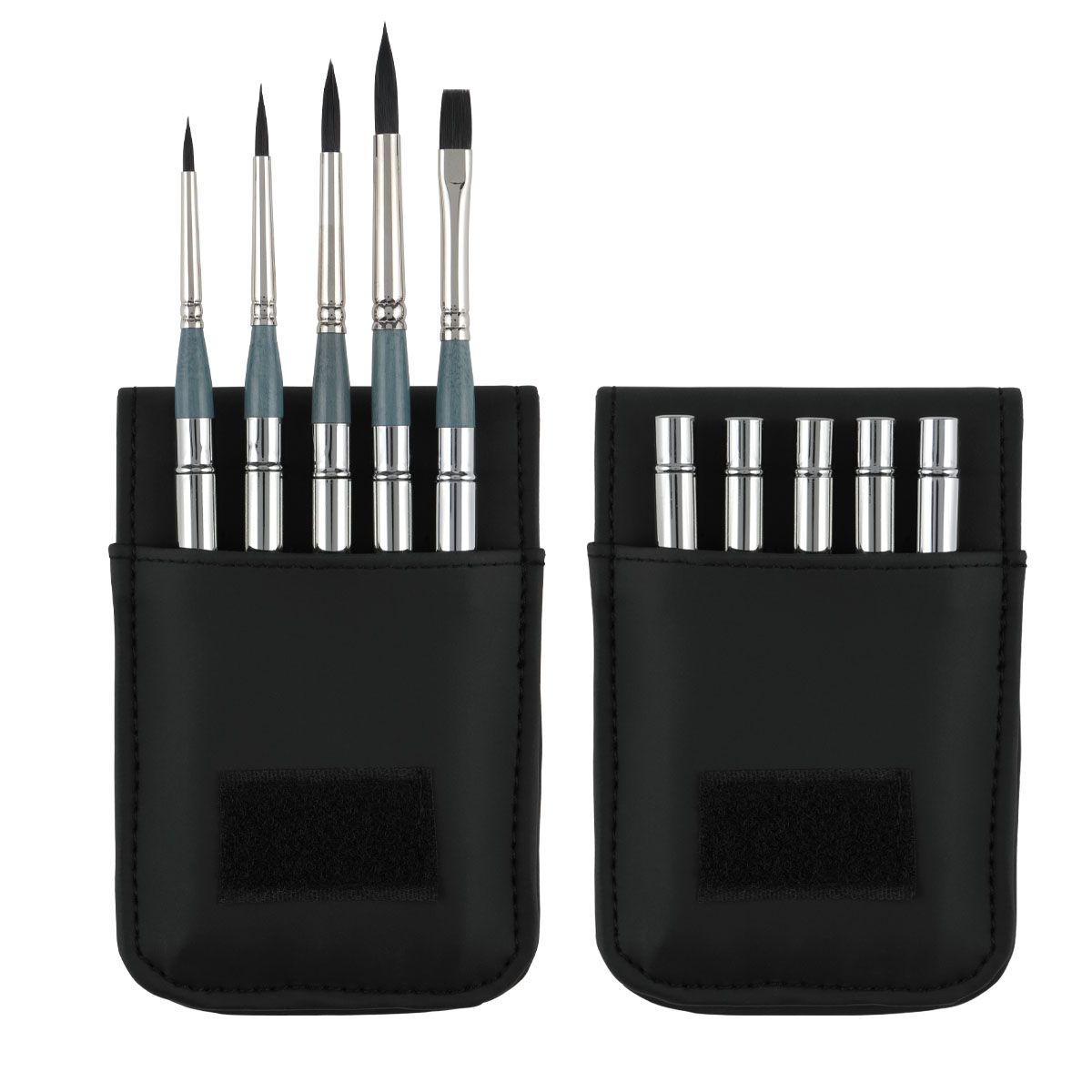 Handy pocket brush set includes Round sizes 2, 4, 6, 8, and 1/4" Flat.