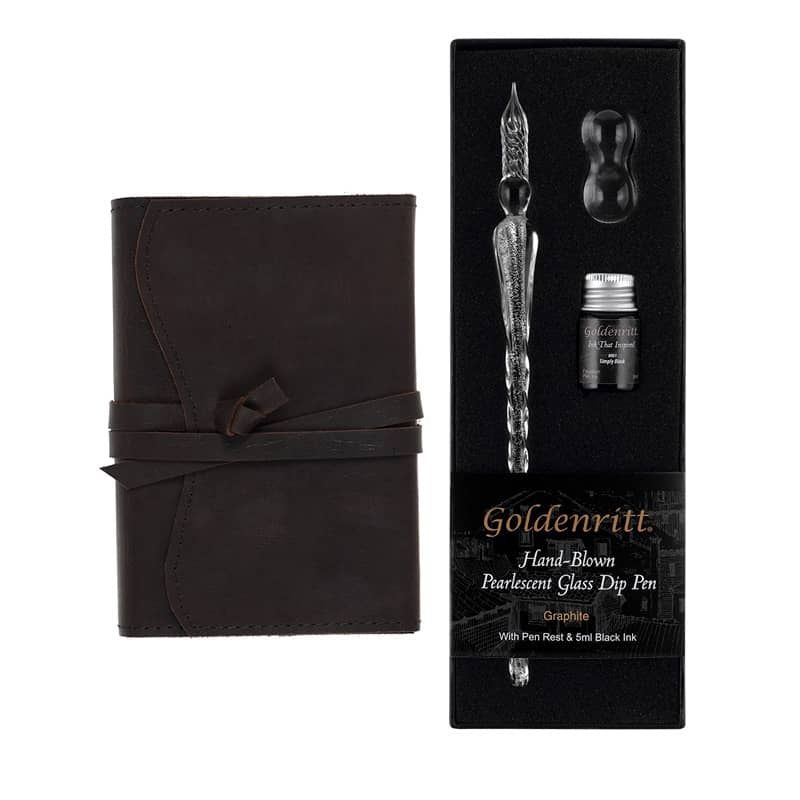 Opus 4x6in Wrap Journal Espresso Black & Dip Glass Pen Set