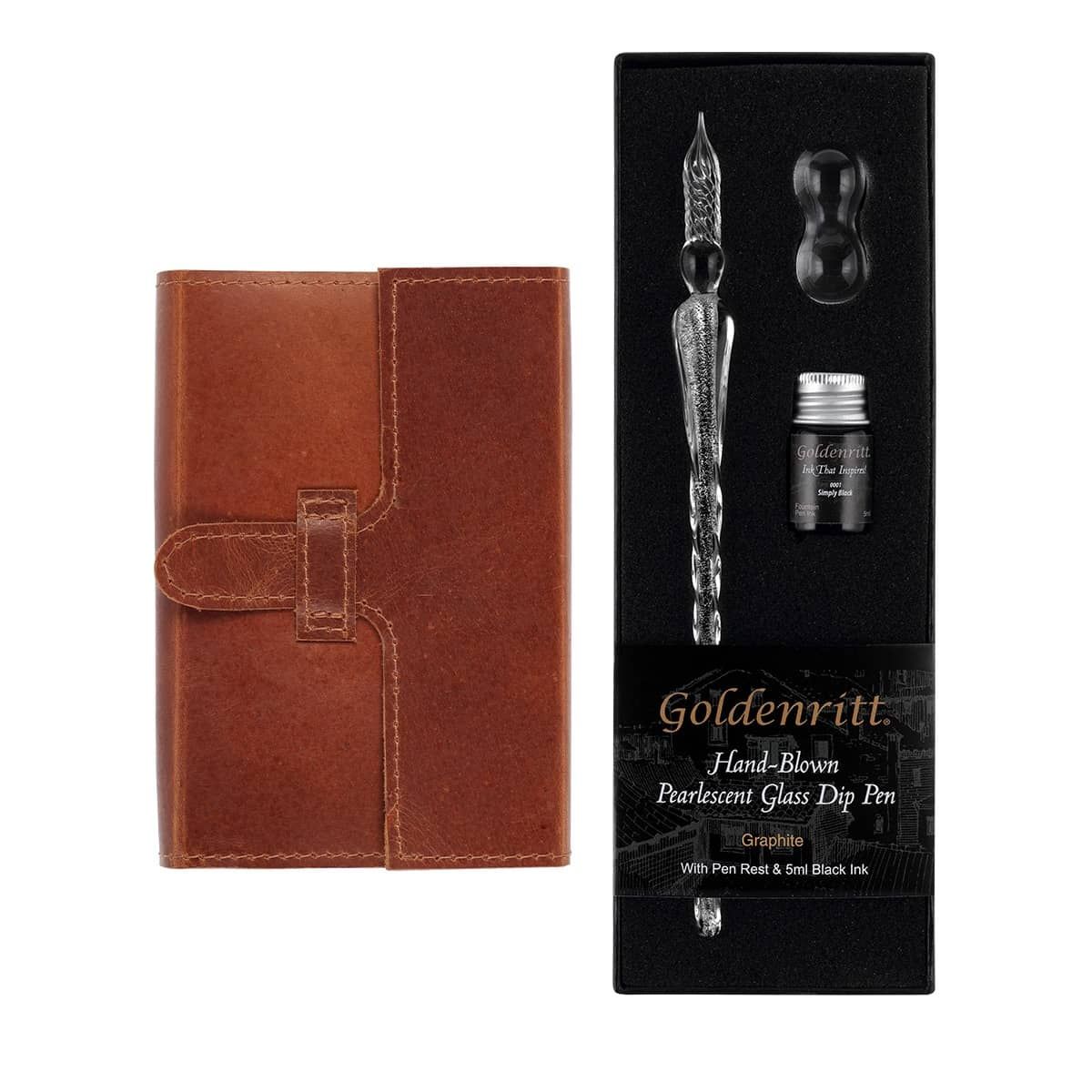 Opus Genuine Leather Journals with Slide Closure and Goldenritt Glass Dip Pen Set