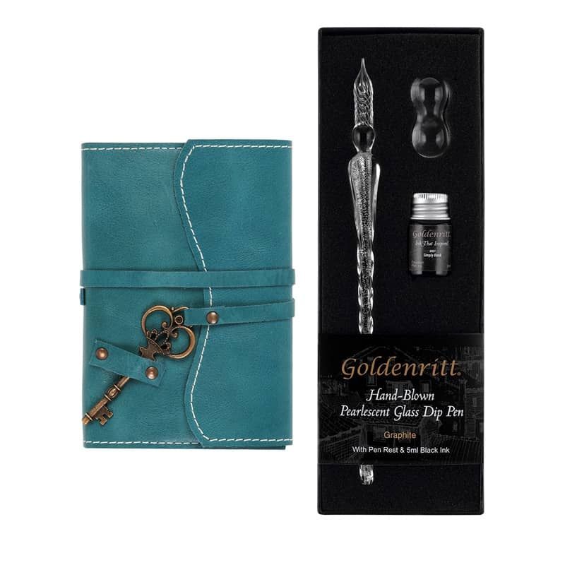 Opus 4 x 6 in Key Journal Turquoise & Dip Glass Pen Set