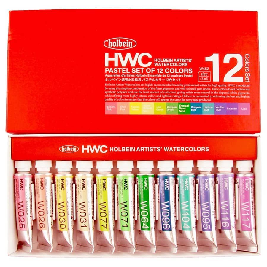 Holbein Artists' Watercolor Pastel Colors, Set of 12, 5ml Tubes Jerry