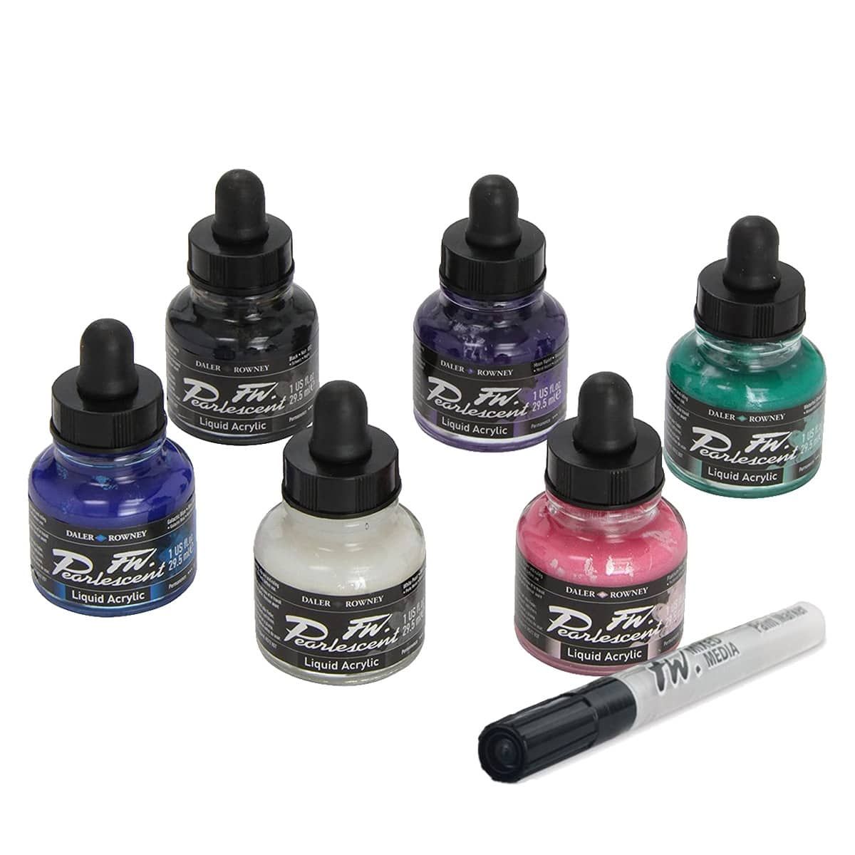 FW Acrylic Ink 1oz Pearlescent Set of 6 w/ Empty Marker