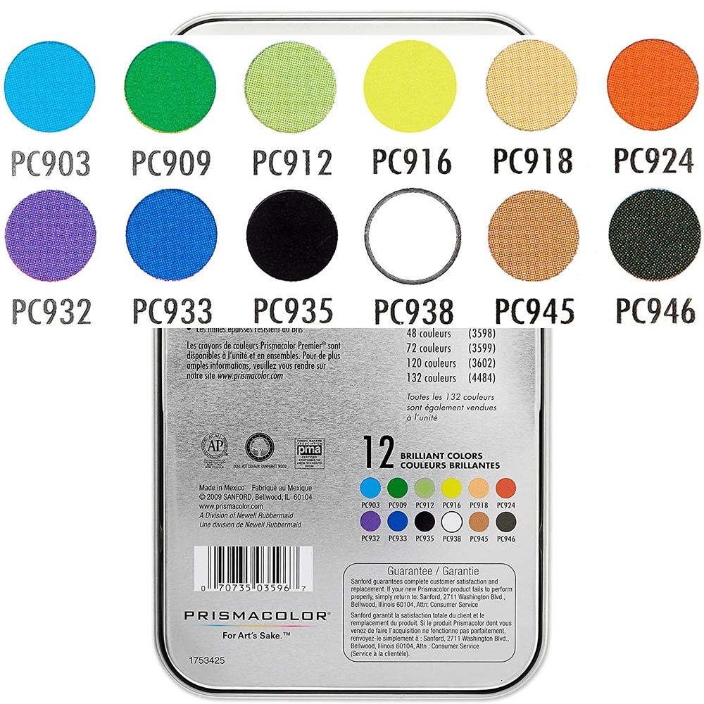 Sanford Prismacolors chart containing 72 colors by