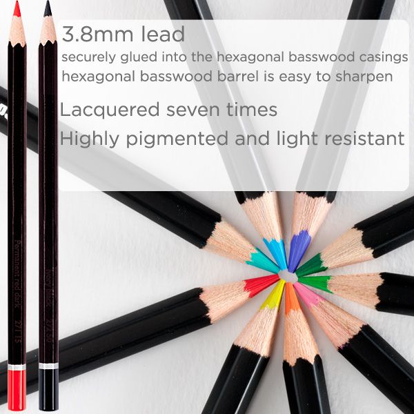 Highly pigmented and light resistant, 3.8mm lead glued into hexagonal basswood casing