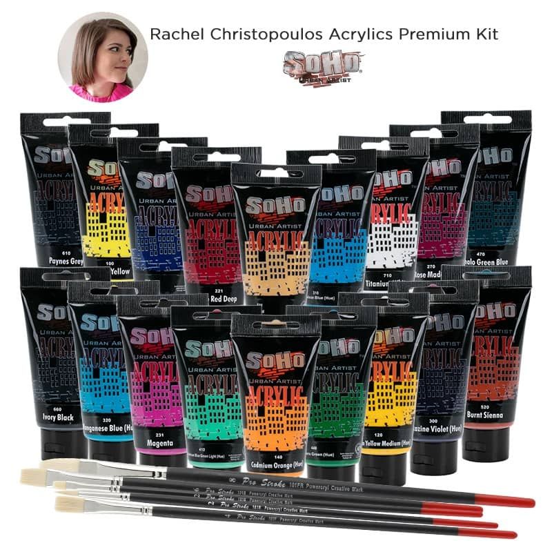 Rachel Christopoulos Signature Series Premium Set of 18 colors, Pro-Stroke Powercryl Set of 5 Brushes