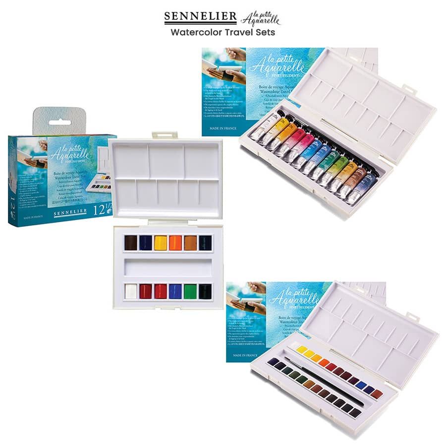 Sennelier Watercolour : Travel Box Set Of 14 Half Pans & Brush