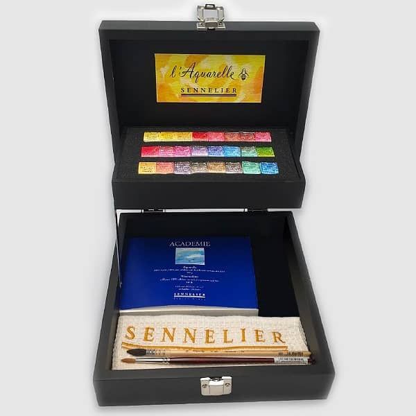 Sennelier Watercolors Black Wooden Box Set Of 24 Half Pans