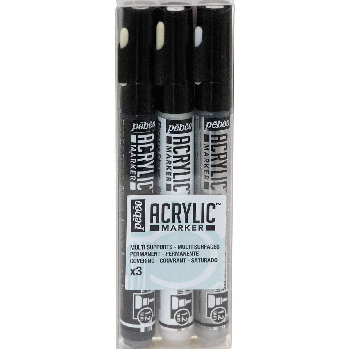 Acrylic Marker Set of 3, 1.2mm tip in Black, White, and Silver.