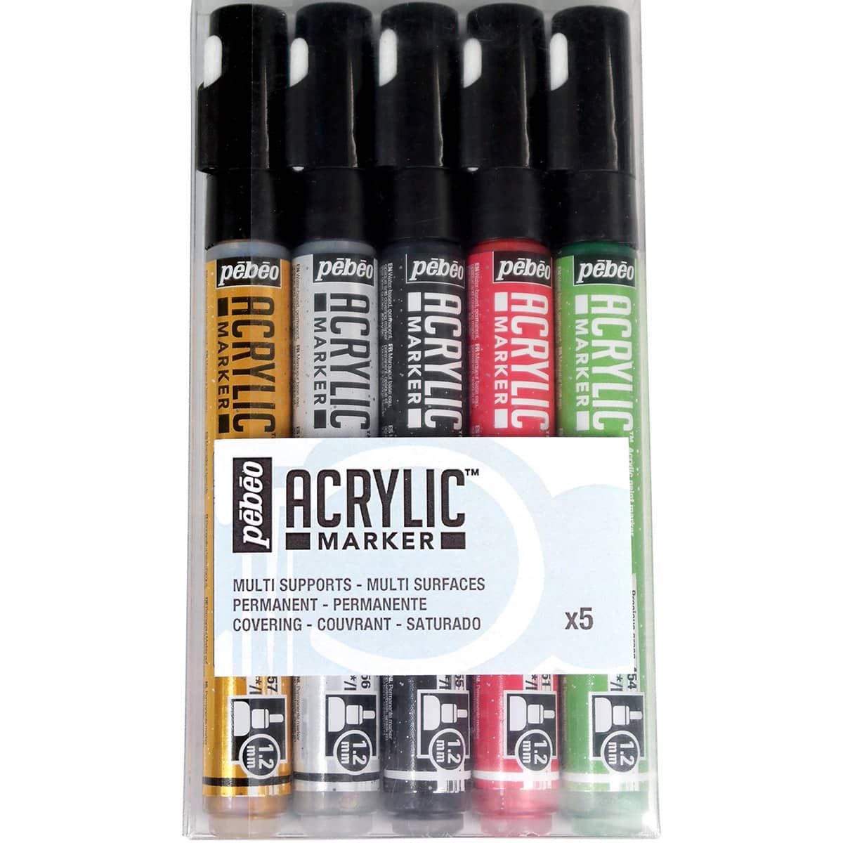 Acrylic Marker Set of 5 with a 1.2 mm tip in Gold, Silver, Black, Red, and Green.