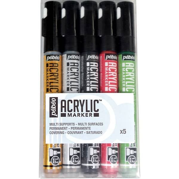 Pebeo Acrylic Marker Set Of 5 Gold/Silver/Black/Red/Green