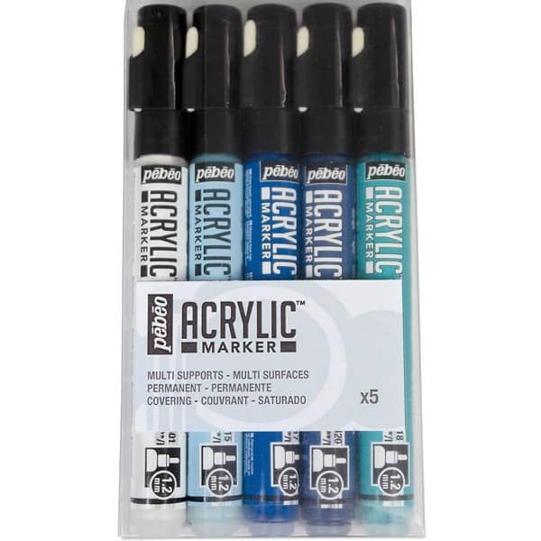 Pebeo Acrylic Marker Set Of 5 White/Black/Cyan/Blue/Night Blue