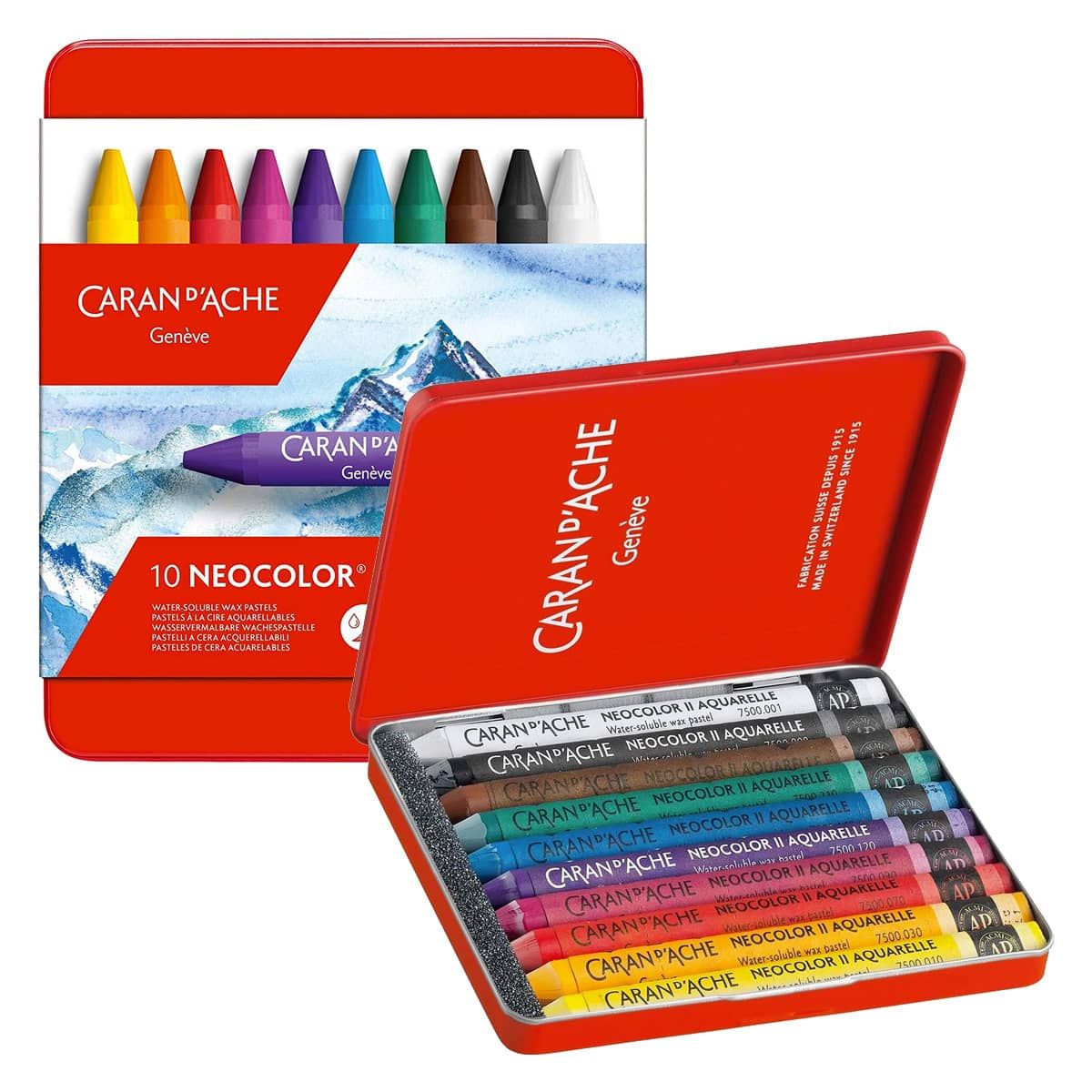 Caran D'Ache Neocolor II Watersoluble Crayon Set of 10 In a Metal Tin