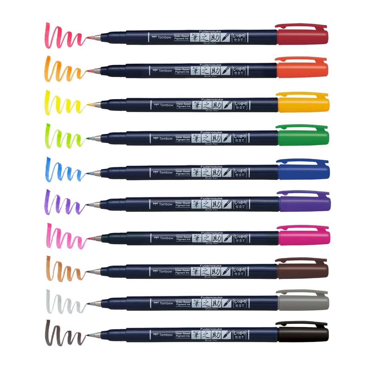 Tombow Fudenosuke Brush Pen Set Of 10, Hard Tip