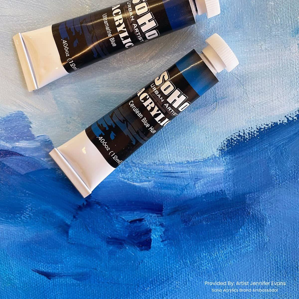 Cerulean Blue Hue, Ultramarine Blue, Titanium White - Artist Jennifer Evans