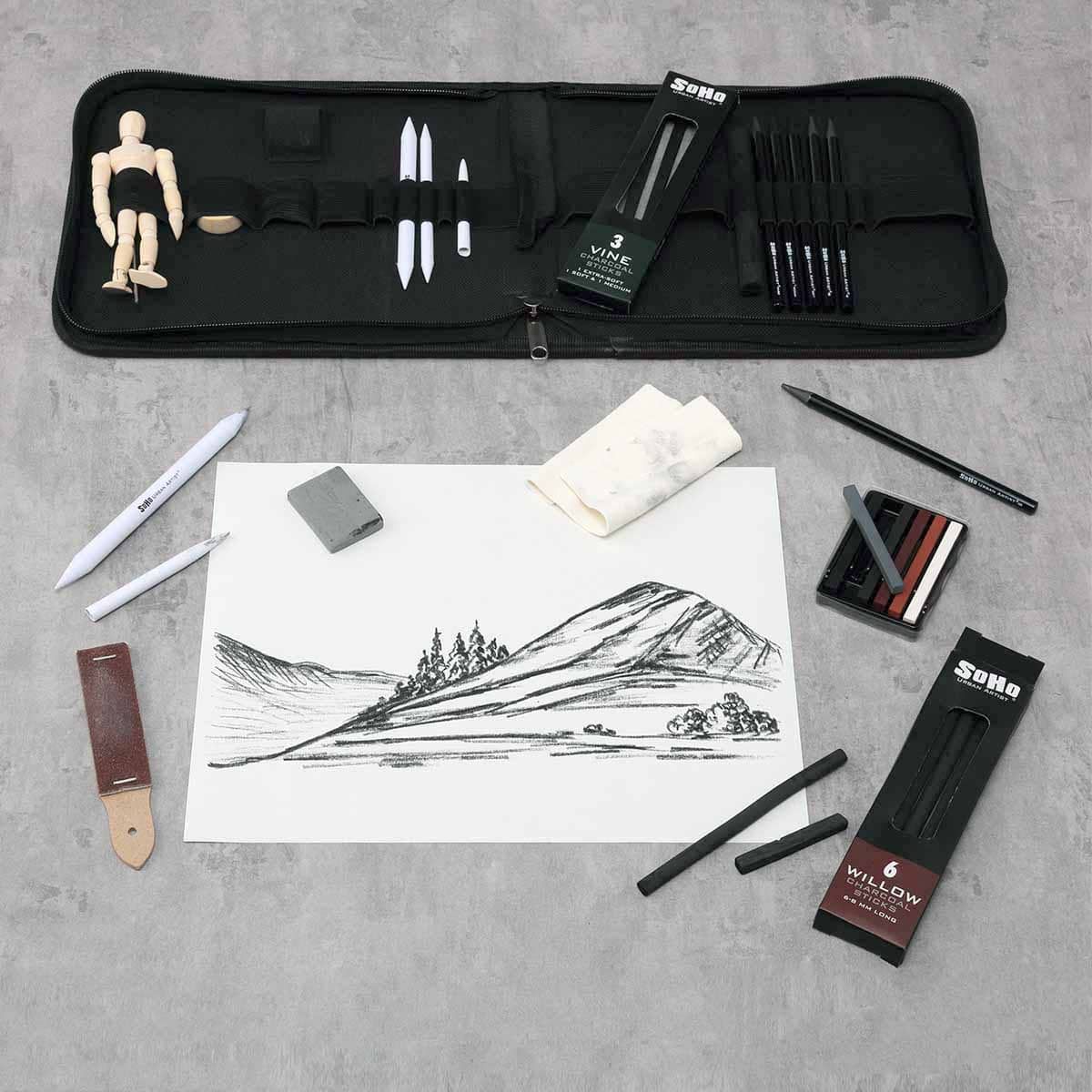 Art Secret 5760 Iron Box Pack Sketch Willow Charcoal Drawing Design With  Charcoal Strip Smear Brush Student Professional Supplie