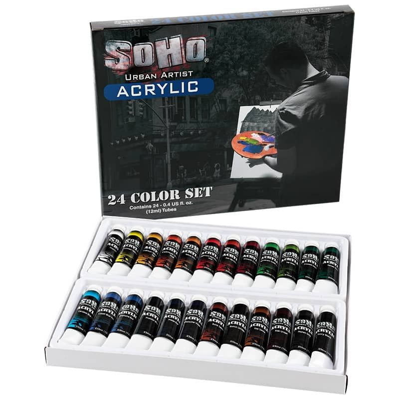 This Value Painting Set comes with 24, 21 ml tubes of vibrant heavy body acrylics!