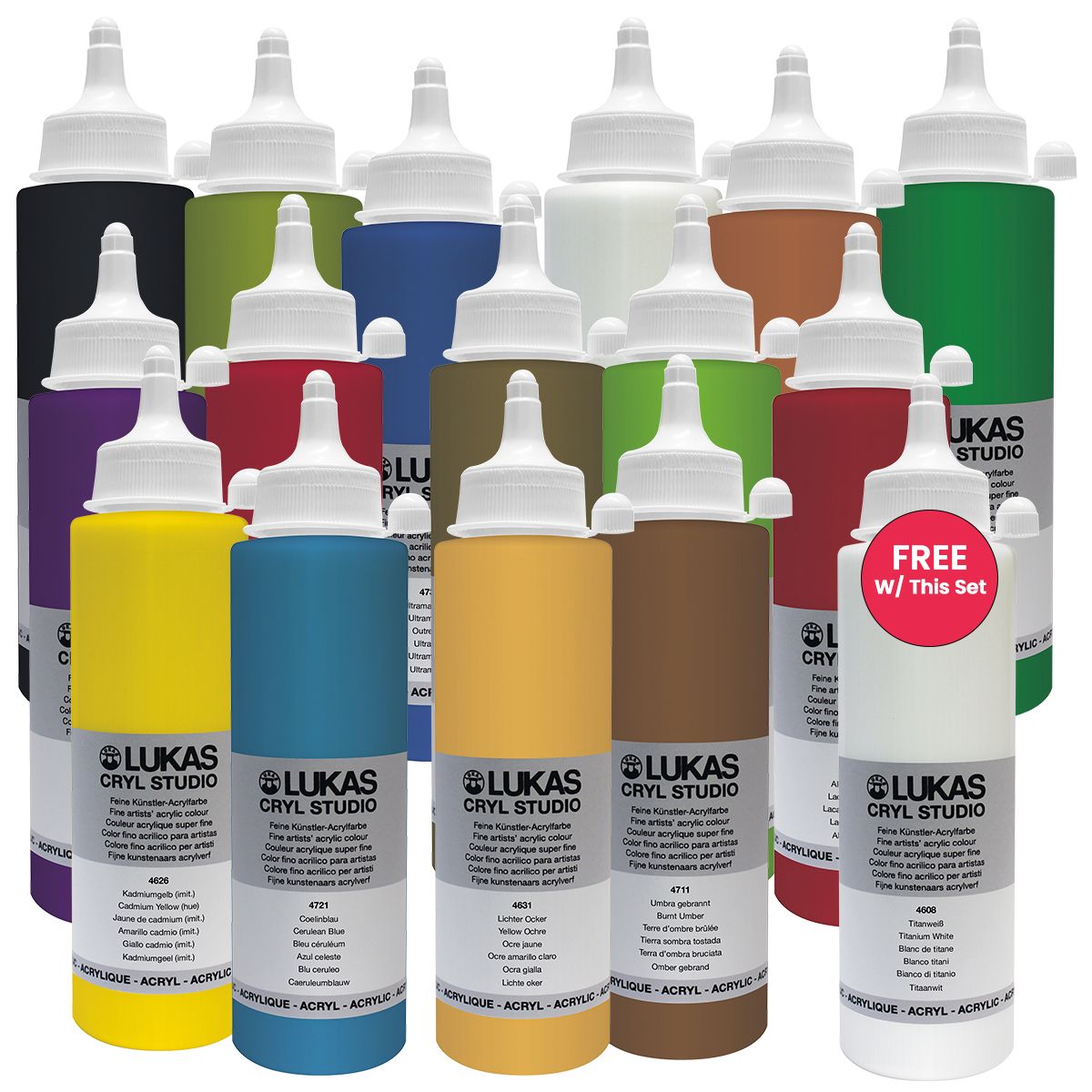 LUKAS CRYL Studio Acrylic Standard Colors Set of 15, 250ml + 1 Free White
