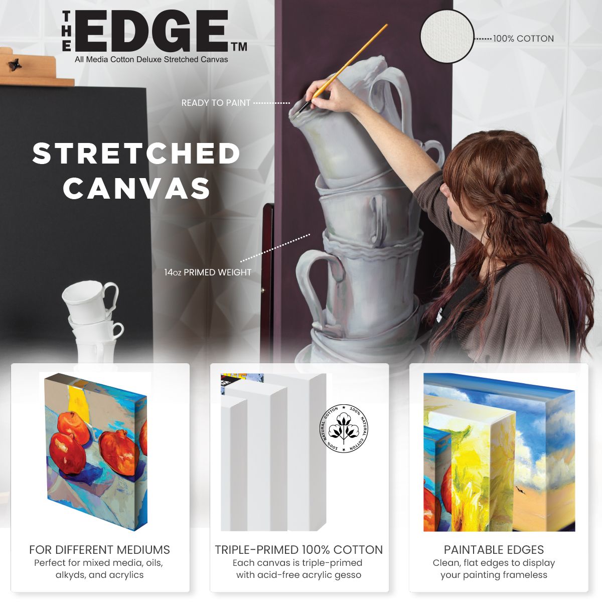 The Edge All Media Pro Stretched Cotton Canvas, 30"x72" 11/2" Deep