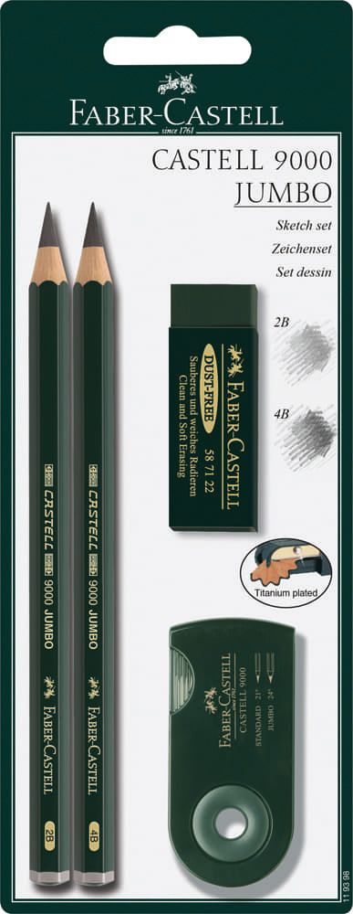 Faber-Castell 5 Piece Quality Castell 9000 Jumbo Graphite Pencils in a Tin 4B 2B Including HB 6B and 8B 