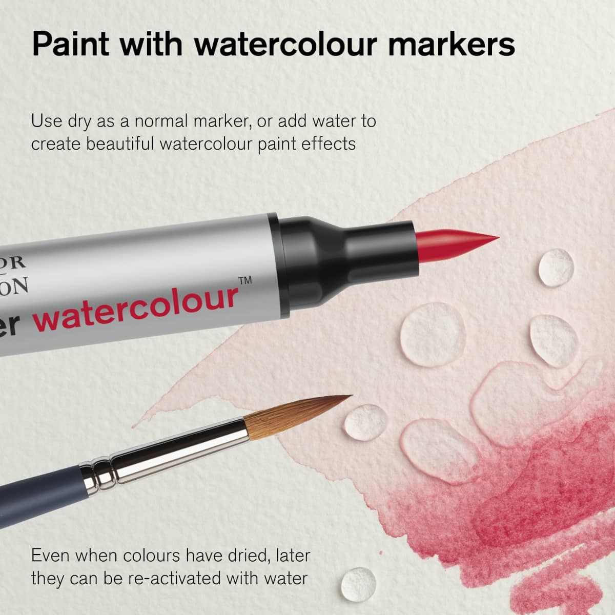 The water-based pigmented ink can be reactivated on paper with water at any time