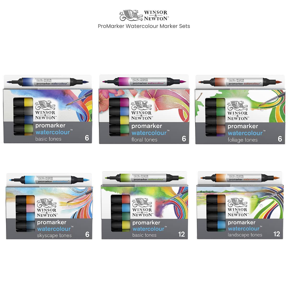 Winsor & Newton ProMarker Watercolor Marker Set, 6 Count, Basic Tones