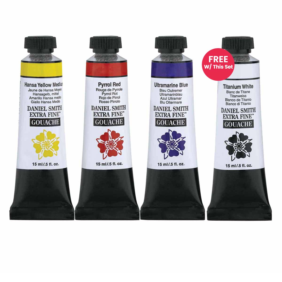 DANIEL SMITH Gouache Primary Set of 3 + FREE Titanium White, 15ml Tubes