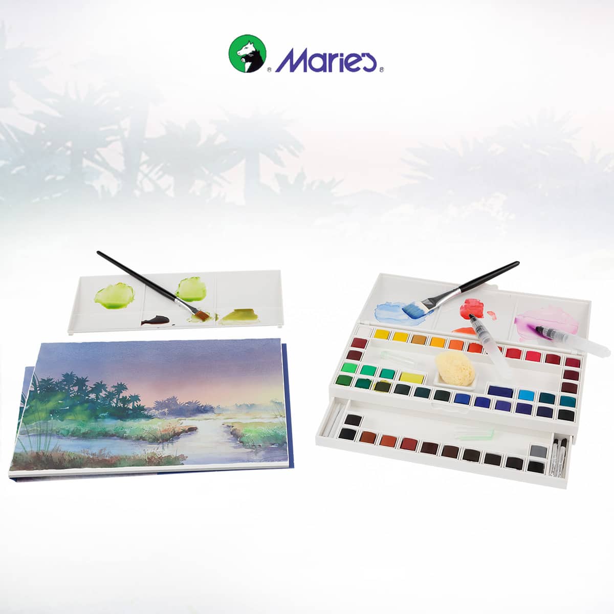 Marie's Professional Watercolor Half-Pan Set of 48 w/ Brushes & Accessories