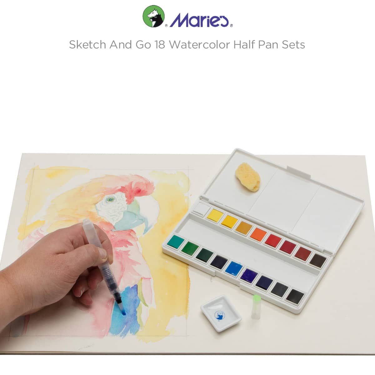 Marie's Sketch and Go 18 Watercolor Half Pan Set w/ Brush & Sponge 