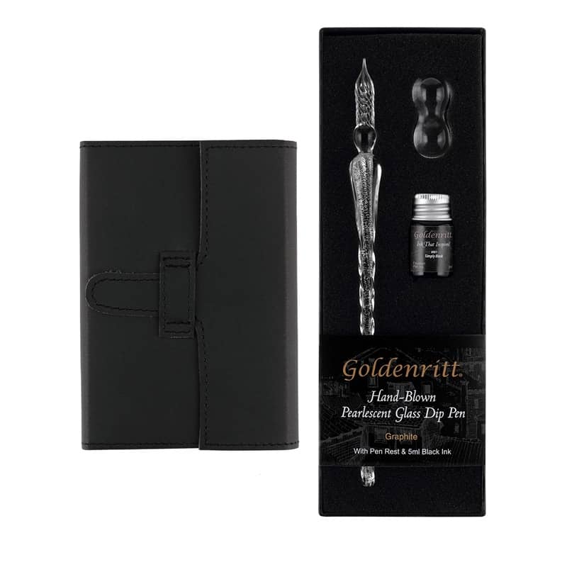Leather Journal w/ Slide Closure & Dip Glass Pen Set (80 sheets, 125gsm)