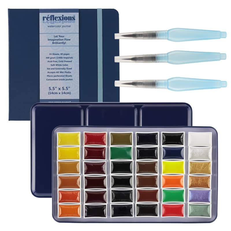 Deluxe Watercolor Set of 36, Aquastroke-Go Brushes, & Reflexions Journal