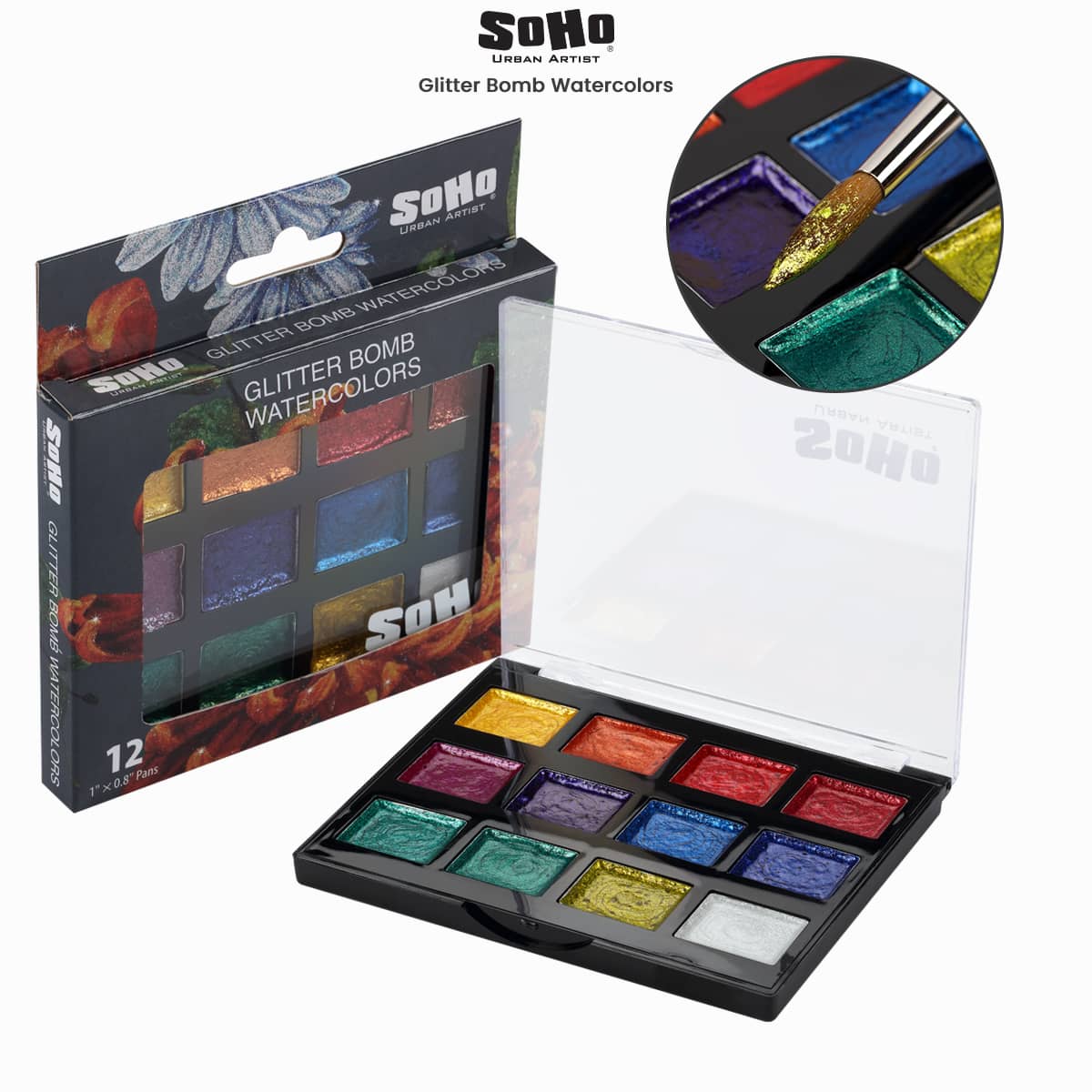 SoHo Urban Artist Glitter Bomb Watercolors Set of 12, Whole Pan