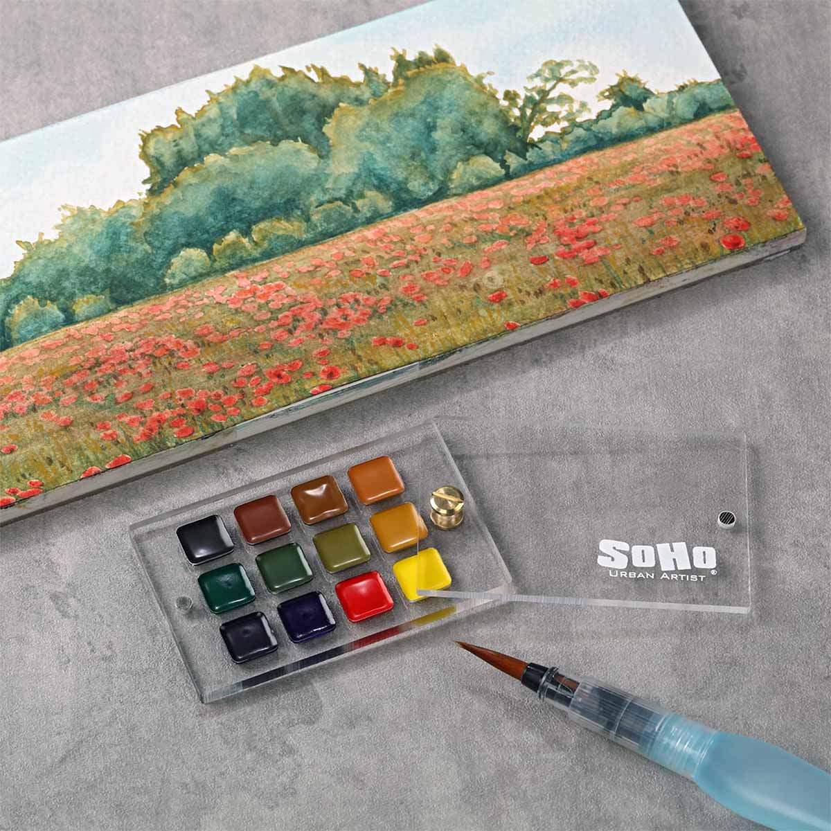 SoHo Urban Artist Pocket Slide Watercolor Pan Set of 12, Landscape Colors