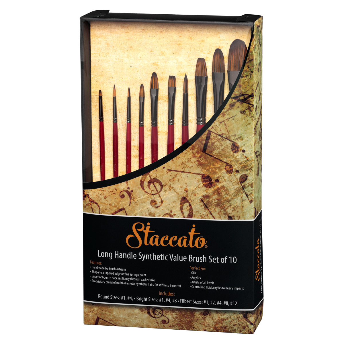 Staccato Long Handle Synthetic Artist Brushes, Value Set of 10
