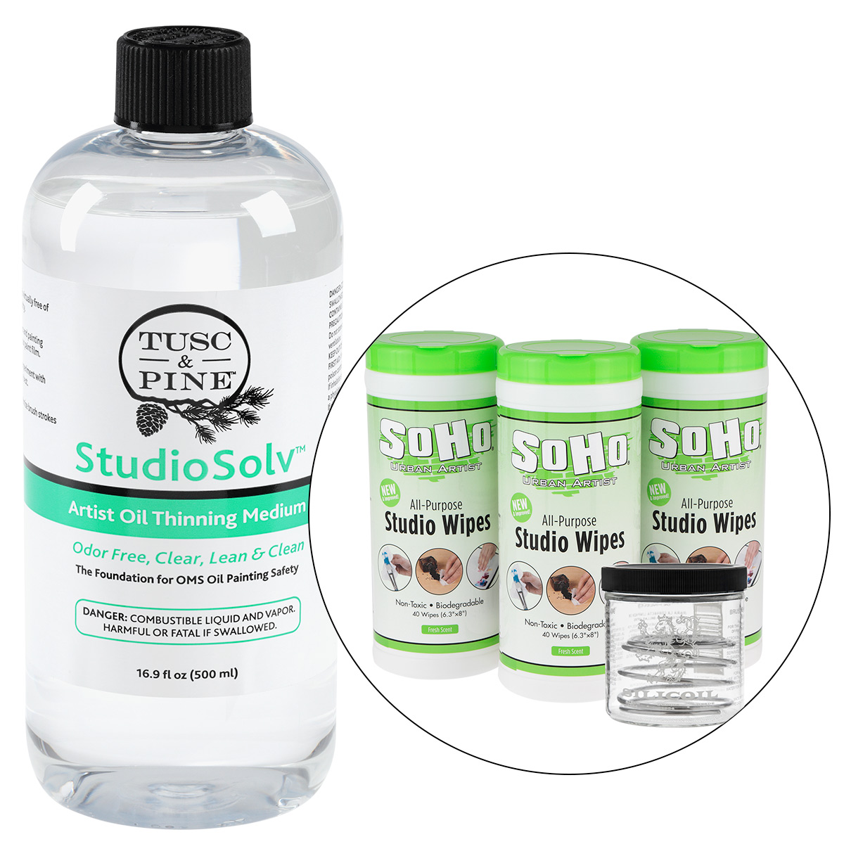 StudioSolv Artist Odorless Mineral Spirit (16.9oz) with Silicoil Brush Cleaner Tank and 120 Count Soho Wipes Set