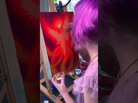 Professional Artist Kelly McKernan painting “Red Phoenix” with Turner Acryl Gouache