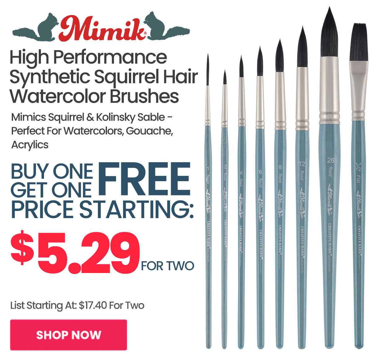 Mimik High Performance Synthetic Squirrel Hair Watercolor Brushes