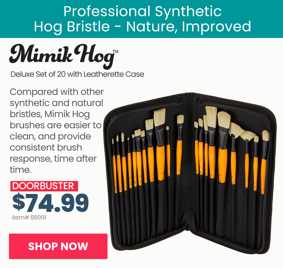 Mimik Hog Professional Synthetic Bristle Brush, Deluxe Set of 20 w/ Leatherette Case