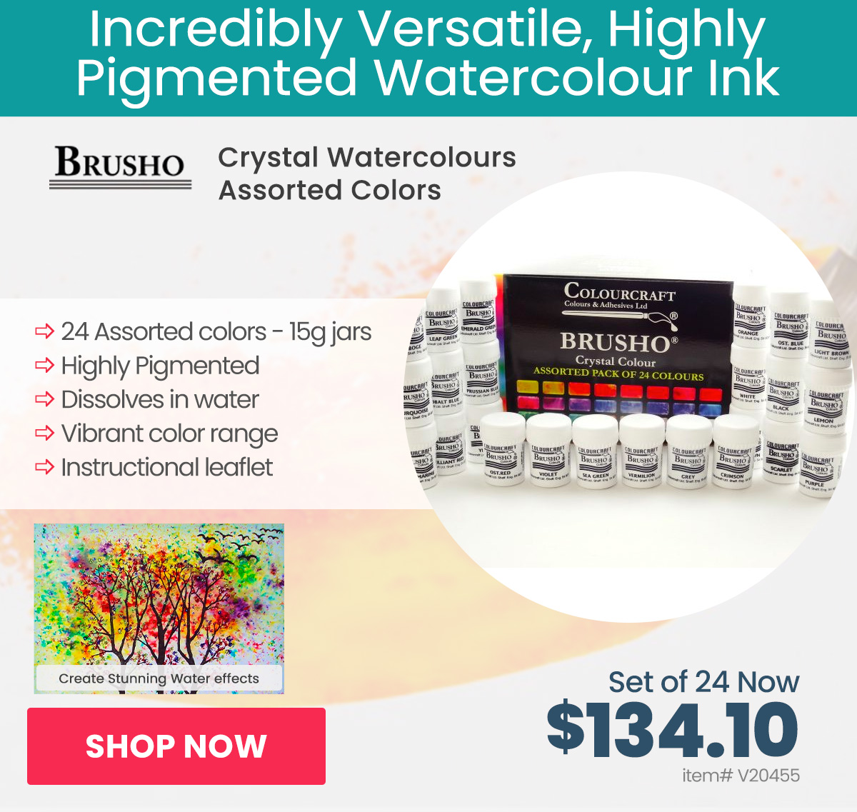 Brusho Crystal Watercolours Assorted Colors 15 grams Set of 24