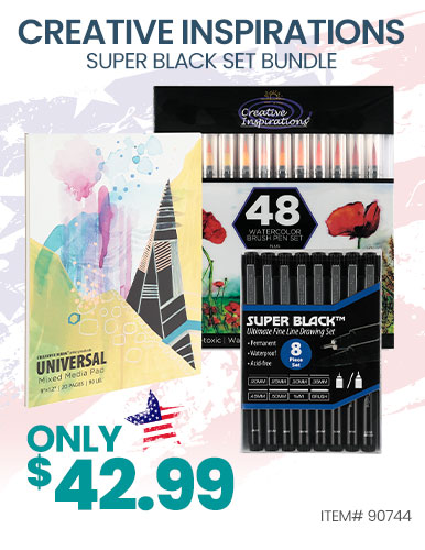 Creative Inspirations Watercolor Brush Pen Set of 48 + Pad + Super Black Set Bundle