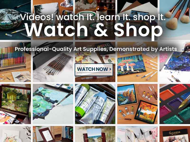 Curated art supplies demonstrated by artists in watch-and-shop videos