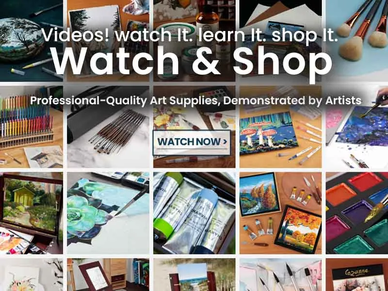 Curated art supplies demonstrated by artists in watch-and-shop videos