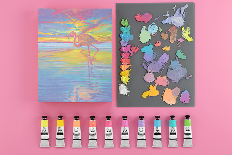 Pink flamingo artwork painted with Tusc & Pine Luminous oil colors by Michaela Westra